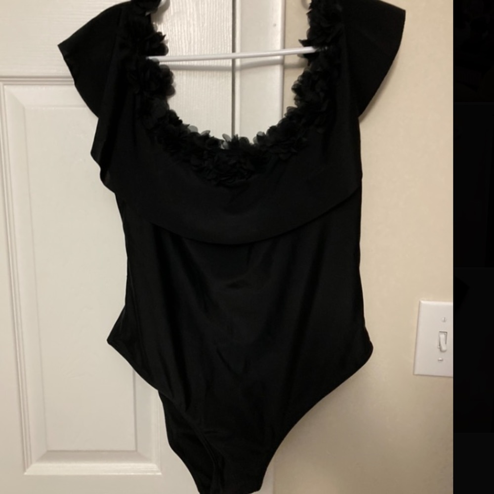 Plus Appliqués Flounce Bardot One Piece Swimsuit